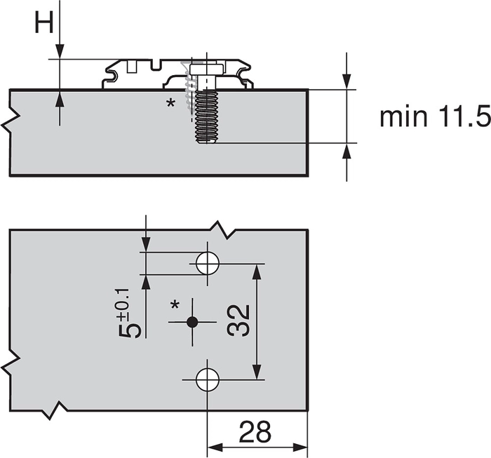 Blum monteringsplate 28mm, H0, 5mm expando-dübel+skrue, stål