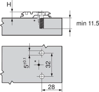 Blum monteringsplate 28mm, H0, 5mm expando-dübel+skrue, stål