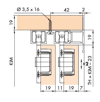 EKU Clipo 36 skinne for utenpåliggende 2 spor 19mm dører 3,5 m
