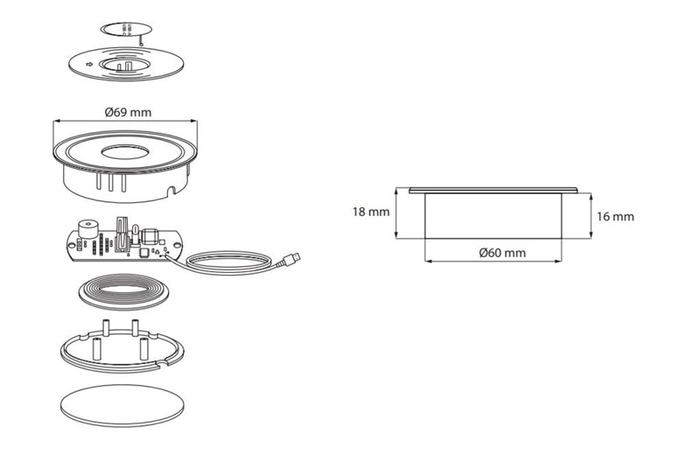 Trådløs ladeplate, USB-A/C, Ø60mm, 1,1m kabel inkl/lader QC3.0