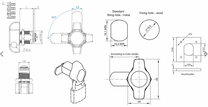 Cam Lock For Hengelås 90°  Ø19x32mm
