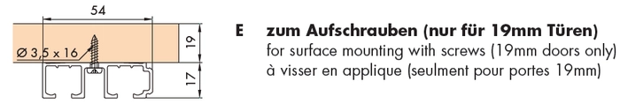 EKU Clipo 36 skinne for utenpåliggende 2 spor 19mm dører 3,5 m