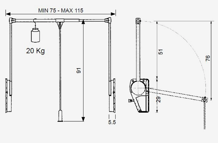 Garderobelift Aluminium 20kg 60-120cm