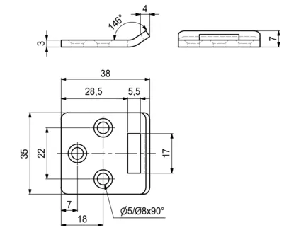 Klaffebordhengsel 38x35x3mm U/Stopp Hunn