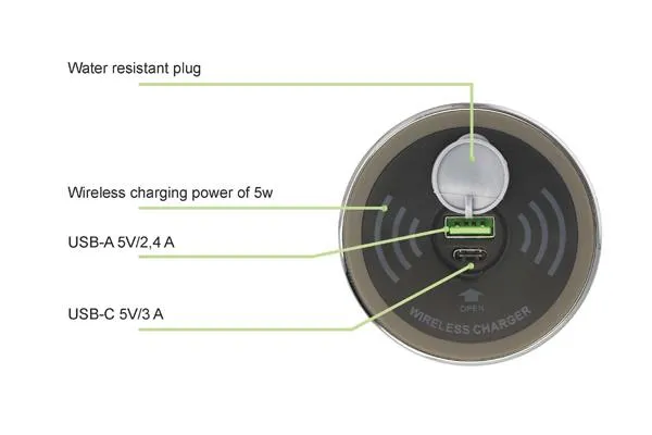Ladeplate Trådløs USB-A/C Ø60mm 1,1m Kabel QC3.0