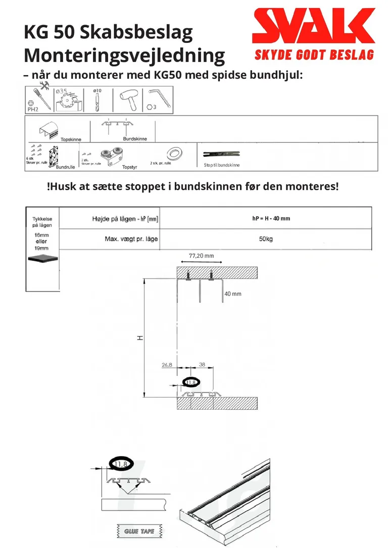 Beslagsett BT Topp/Bunnstyring 50kg For 1 Dør