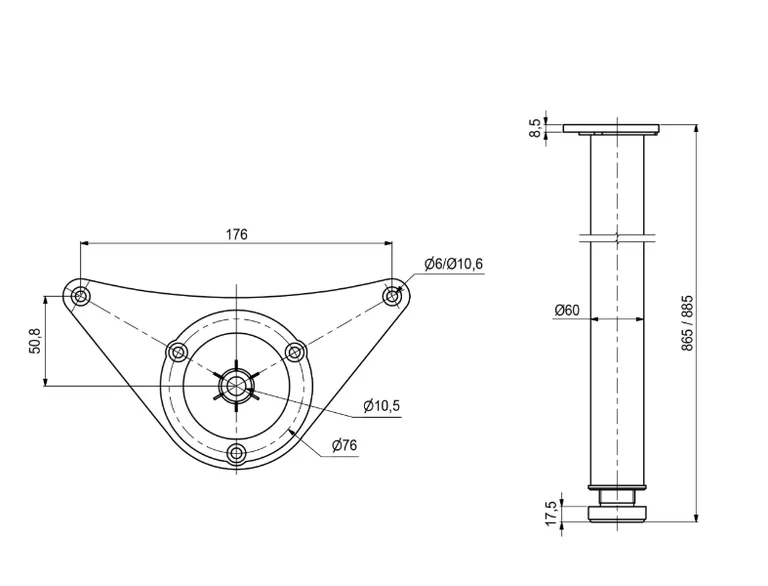 Bordbein justerbar Ø60 H870mm børstet stål