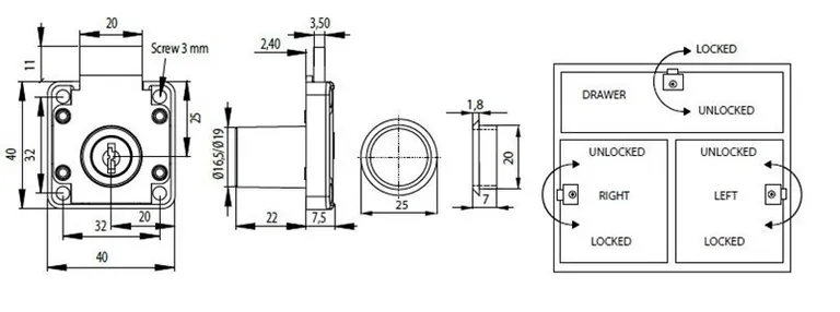 Møbellås MIC850 Hus For Dør Høyre Ø19x22mm