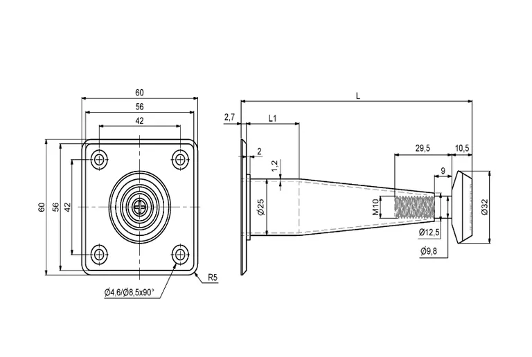 Møbelbein Ø25mm justerbar konisk matt krom