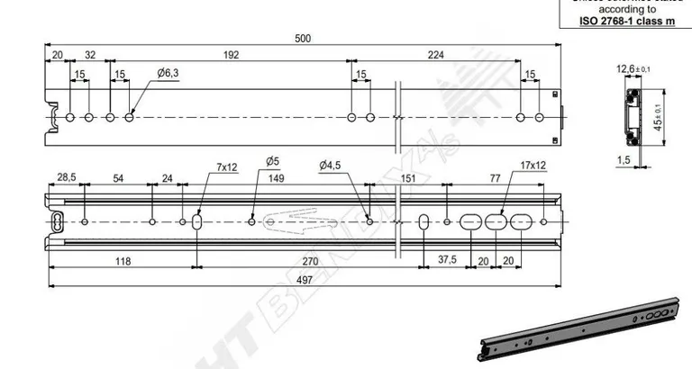 Kulelagerskinne Fullutrekk Stål L500mm H45mm 
