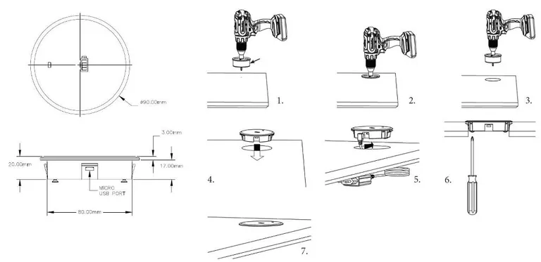 Ladeplate Trådløs 15W Ø80mm 1,5m Kabel 