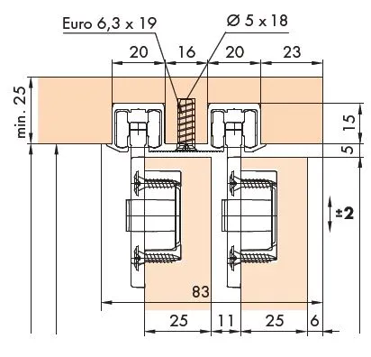Skinne Eku Clipo 36 Innfresning 2-Spor 25mm-Dører 3,5m