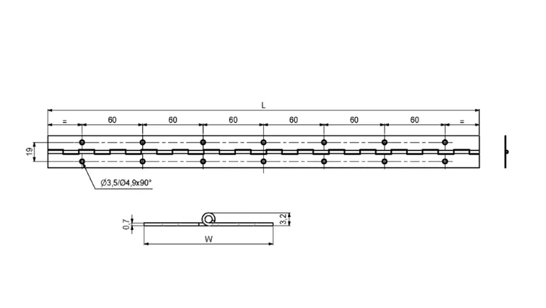 Pianohengsel 32mm matt nikkel 3,5m